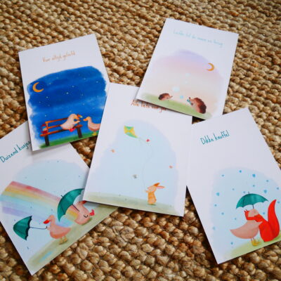 Set van 5 wenskaarten voor kinderen met een steuntje in de rug bij verlies.