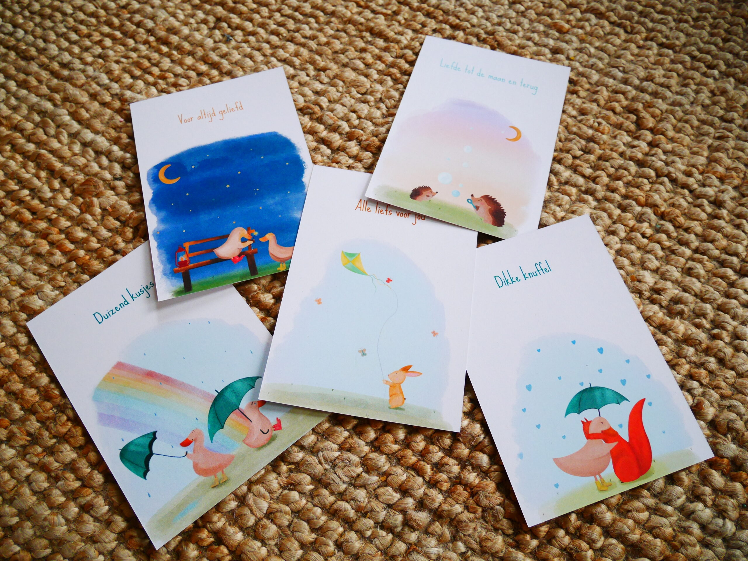 Set van 5 wenskaarten voor kinderen met een steuntje in de rug bij verlies.